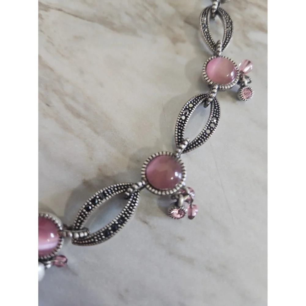 Vintage Pink Cats Eye Cabochon Marcasite Style Link Necklace 16in